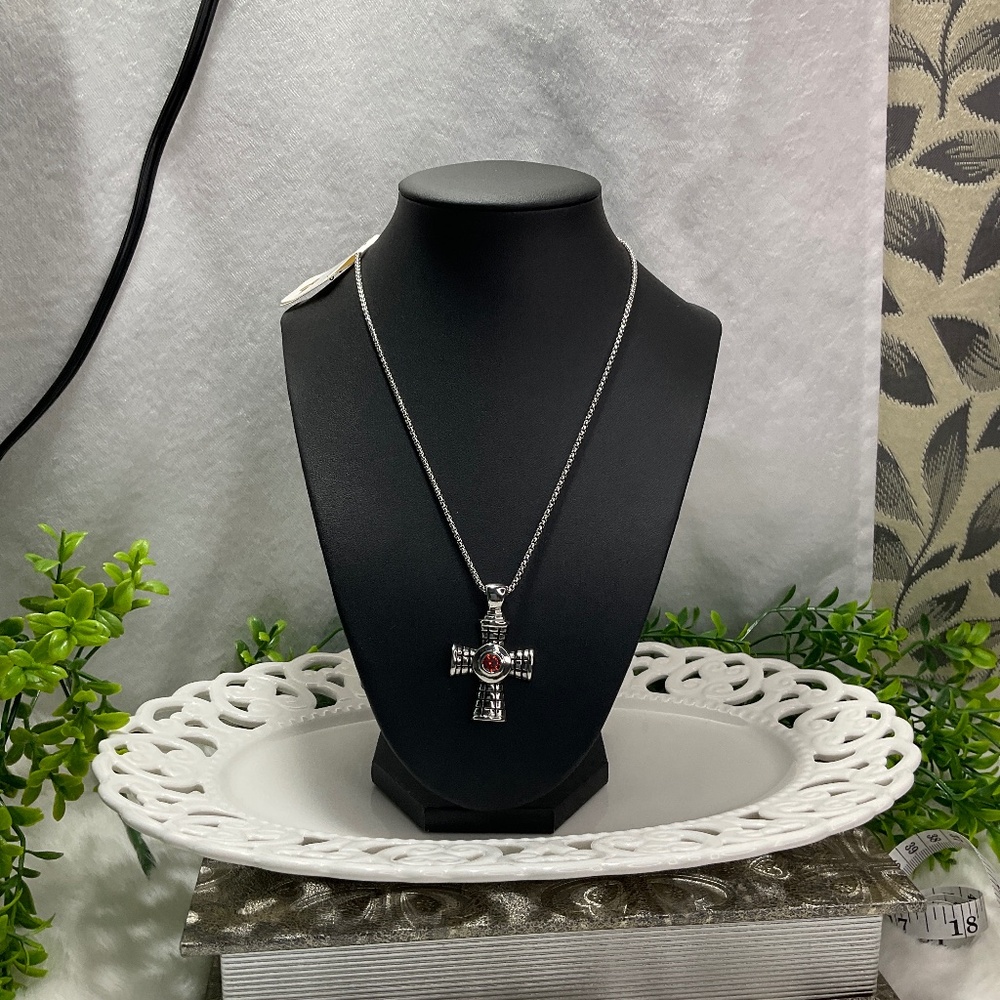 Silver Cross Pendant Necklace with Red Gem
